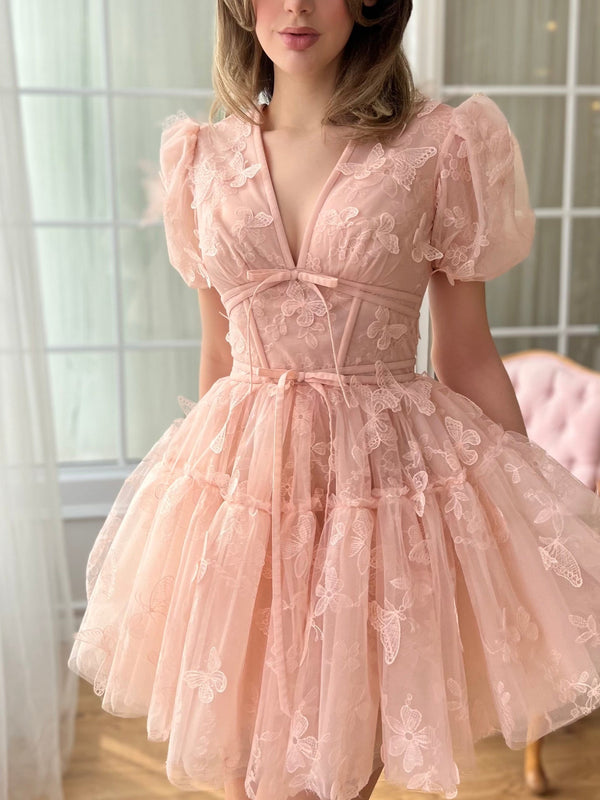 A-Line/Princess V-Neck Short Sleeves Mini Formal Prom Dresses with Flower