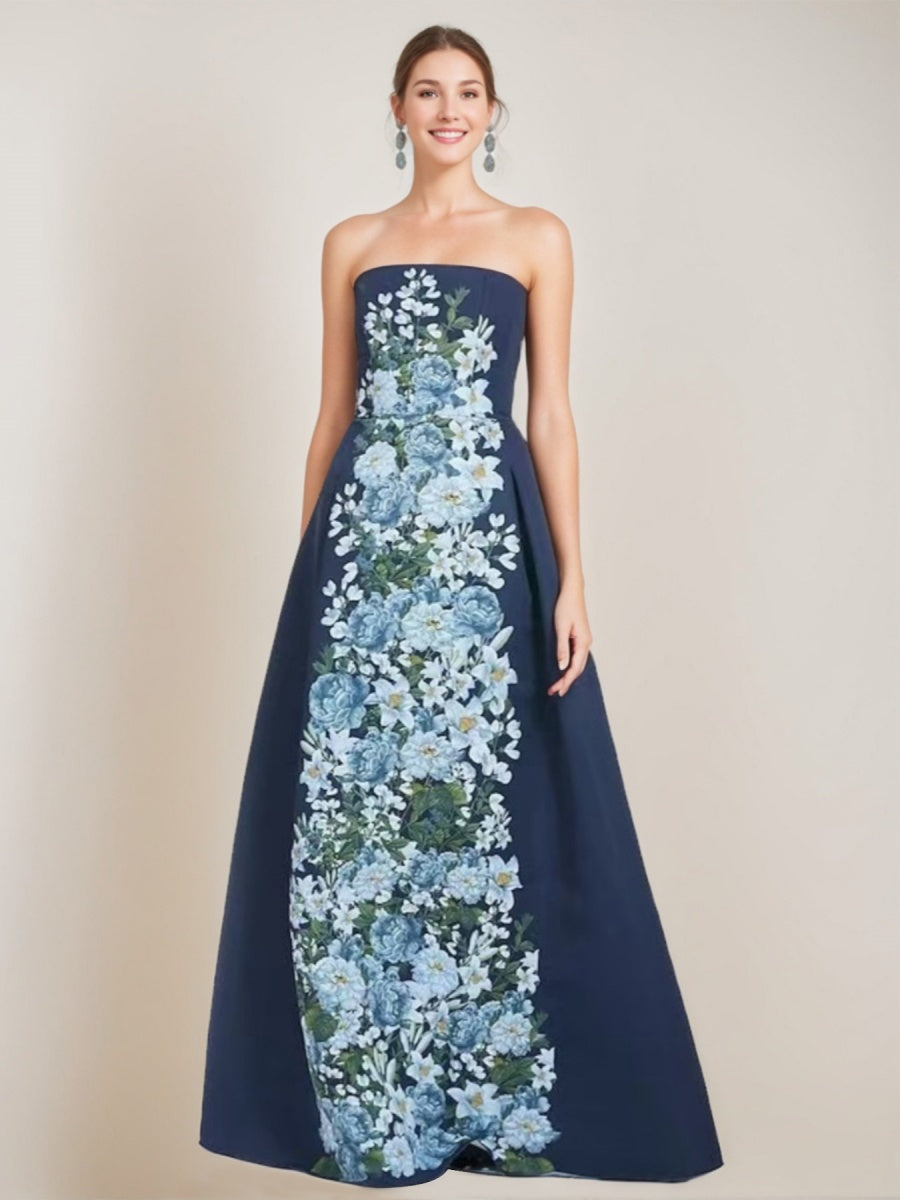 A-line/Princess Elegant Strapless Sleeveless Floor-Length Printed Floral Dresses