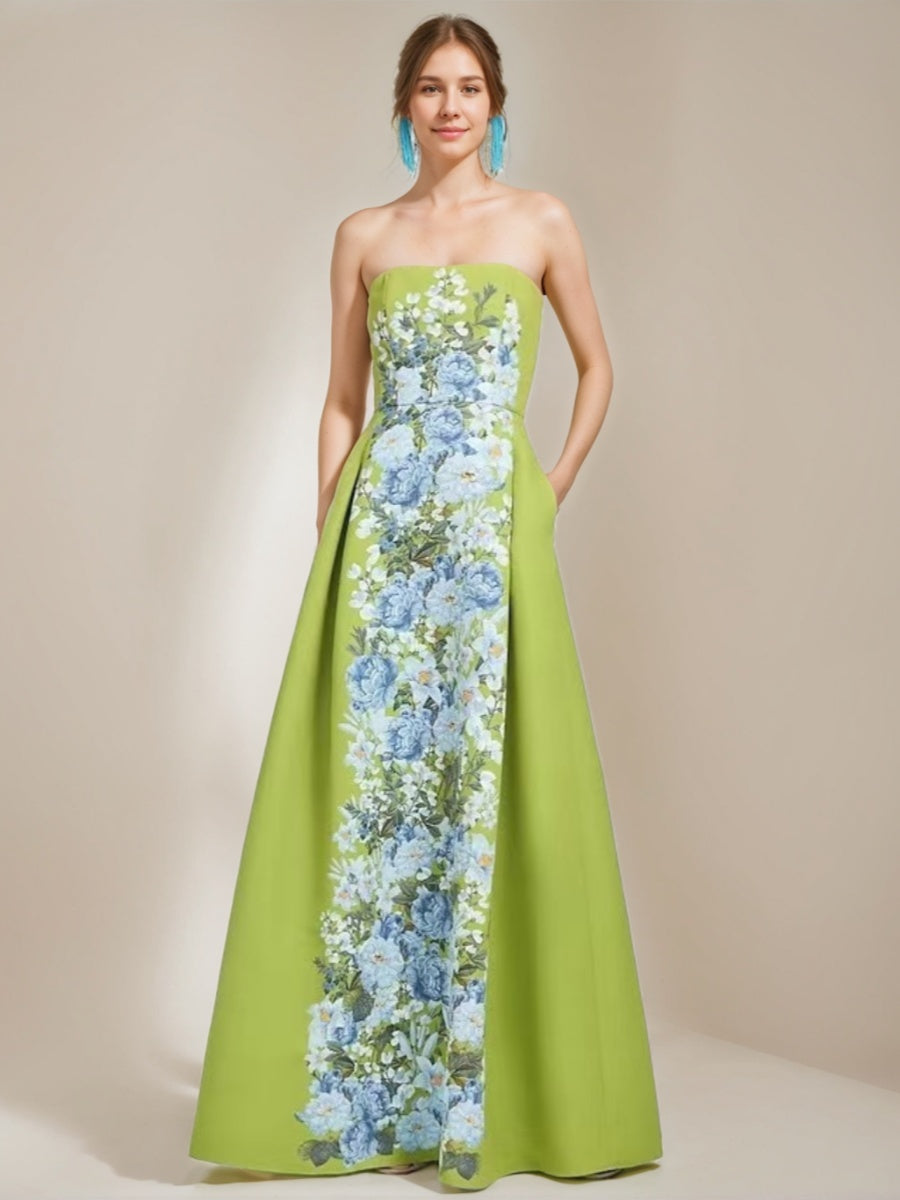 A-line/Princess Elegant Strapless Sleeveless Floor-Length Printed Floral Dresses