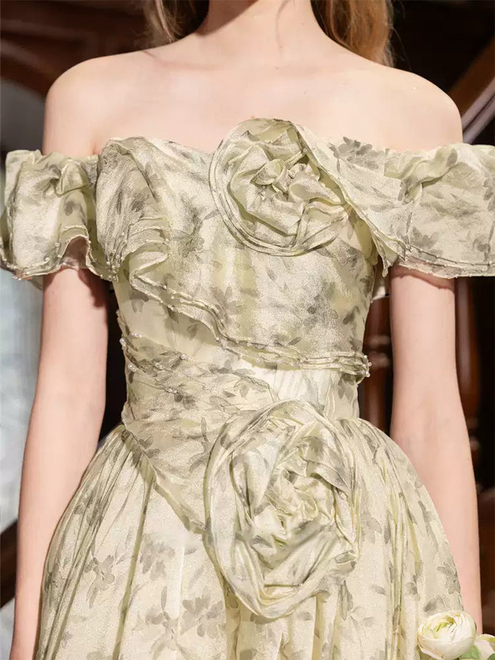 Ball Gown Off-the-shoulder Floor-Length Printed Floral Pleated Prom Dresses with 3D Flowers & Ruffles