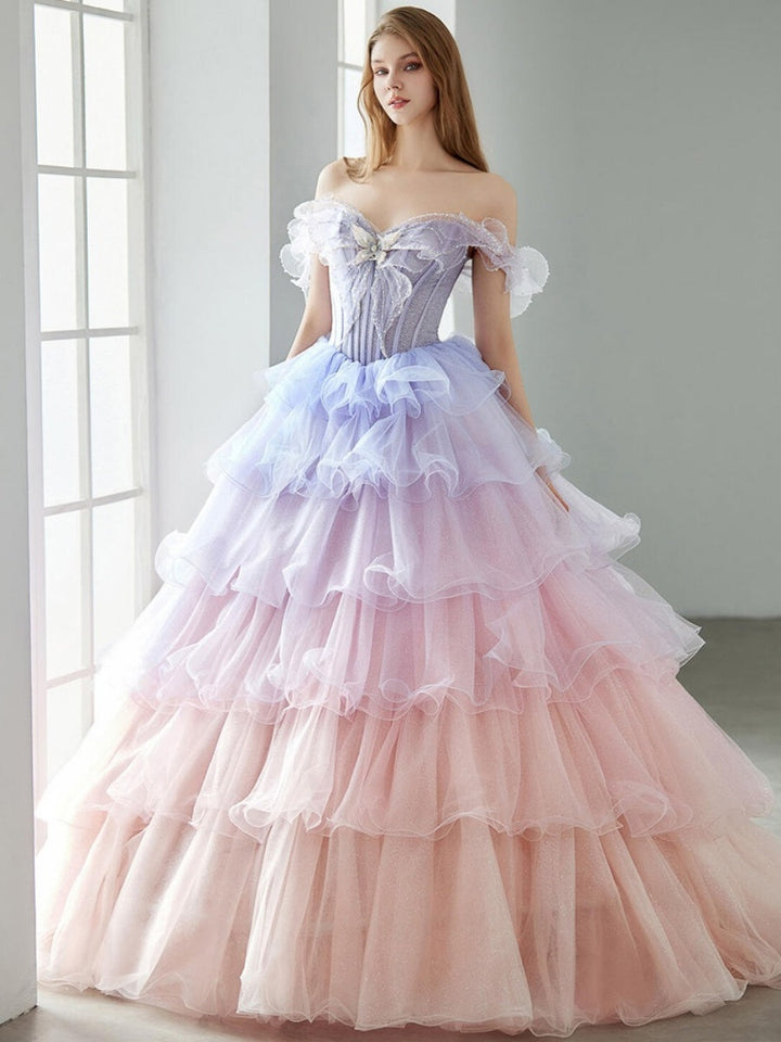 Ball Gown Off-the-shoulder Tiered Floor-Length Prom Dresses with Ruffles & Appliques & Lace-up