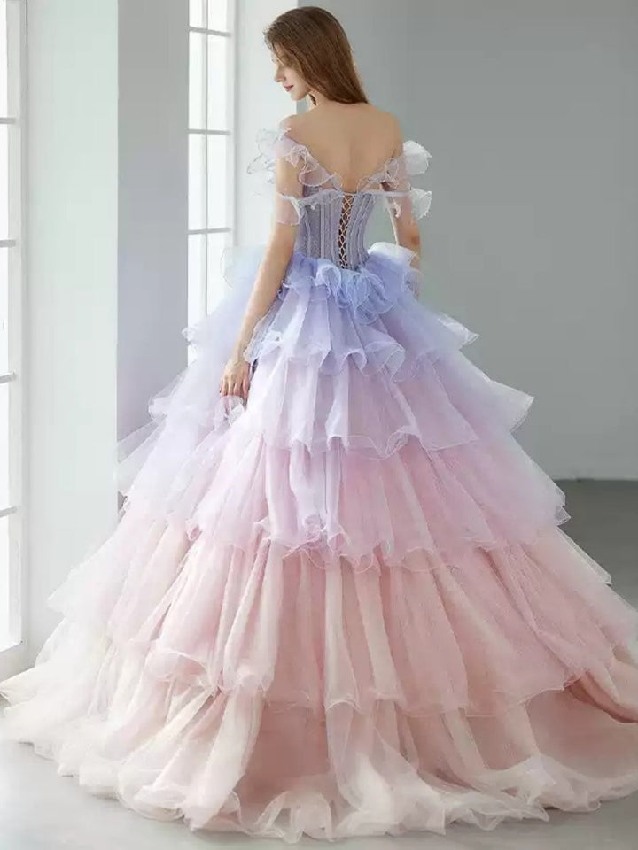 Ball Gown Off-the-shoulder Tiered Floor-Length Prom Dresses with Ruffles & Appliques & Lace-up