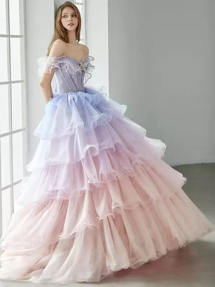 Ball Gown Off-the-shoulder Tiered Floor-Length Prom Dresses with Ruffles & Appliques & Lace-up