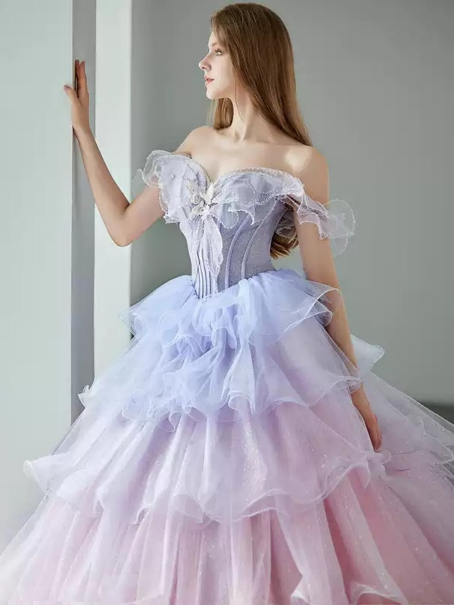 Ball Gown Off-the-shoulder Tiered Floor-Length Prom Dresses with Ruffles & Appliques & Lace-up