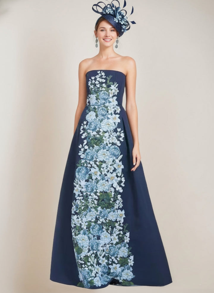 A-line/Princess Elegant Strapless Sleeveless Floor-Length Printed Floral Dresses