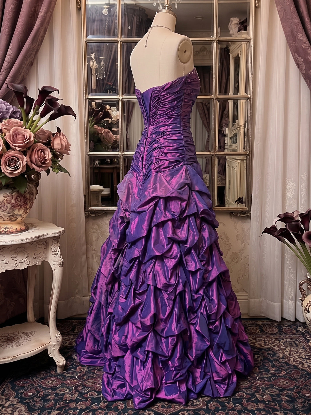 A-Line/Princess Sweetheart Sleeveless Floor-Length Taffeta Prom Dresses with Ruffles &amp; Sequins