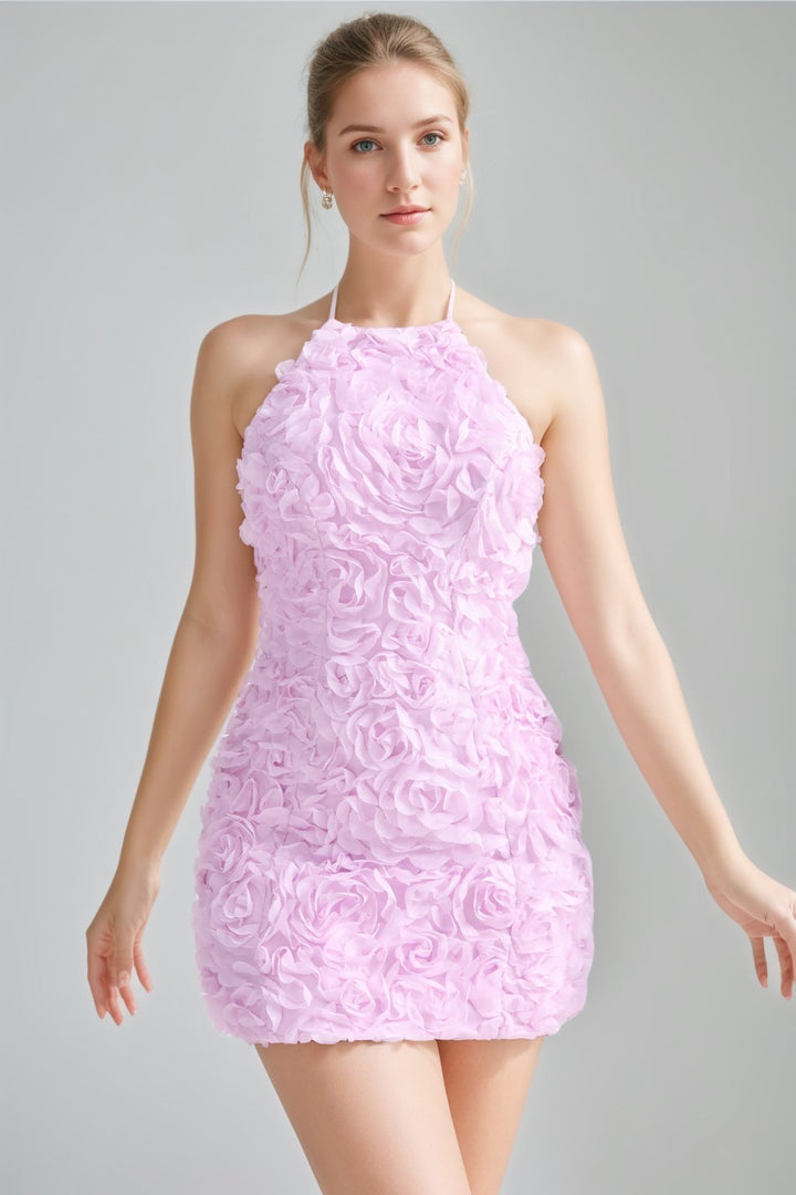 A-Line/Princess Halter Sleeveless Short/Mini Backless Cocktail Dresses with 3D Flowers