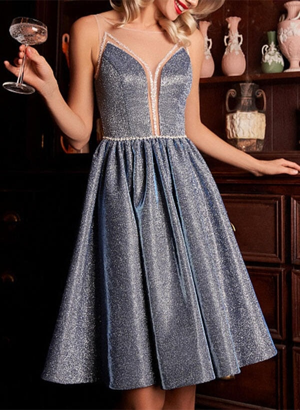A-Line/Princess Jewel Neck Sleeveless Knee-Length Backless Homecoming Dresses with Sequins
