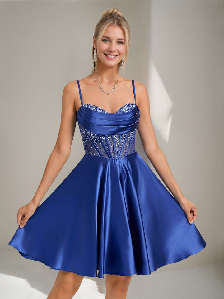 A-Line/Princess Spaghetti Straps Sleeveless Pleated Short/Mini Homecoming Dresses with Rhinestones & Lace-Up