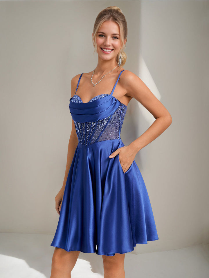 A-Line/Princess Spaghetti Straps Sleeveless Pleated Short/Mini Homecoming Dresses with Rhinestones & Lace-Up