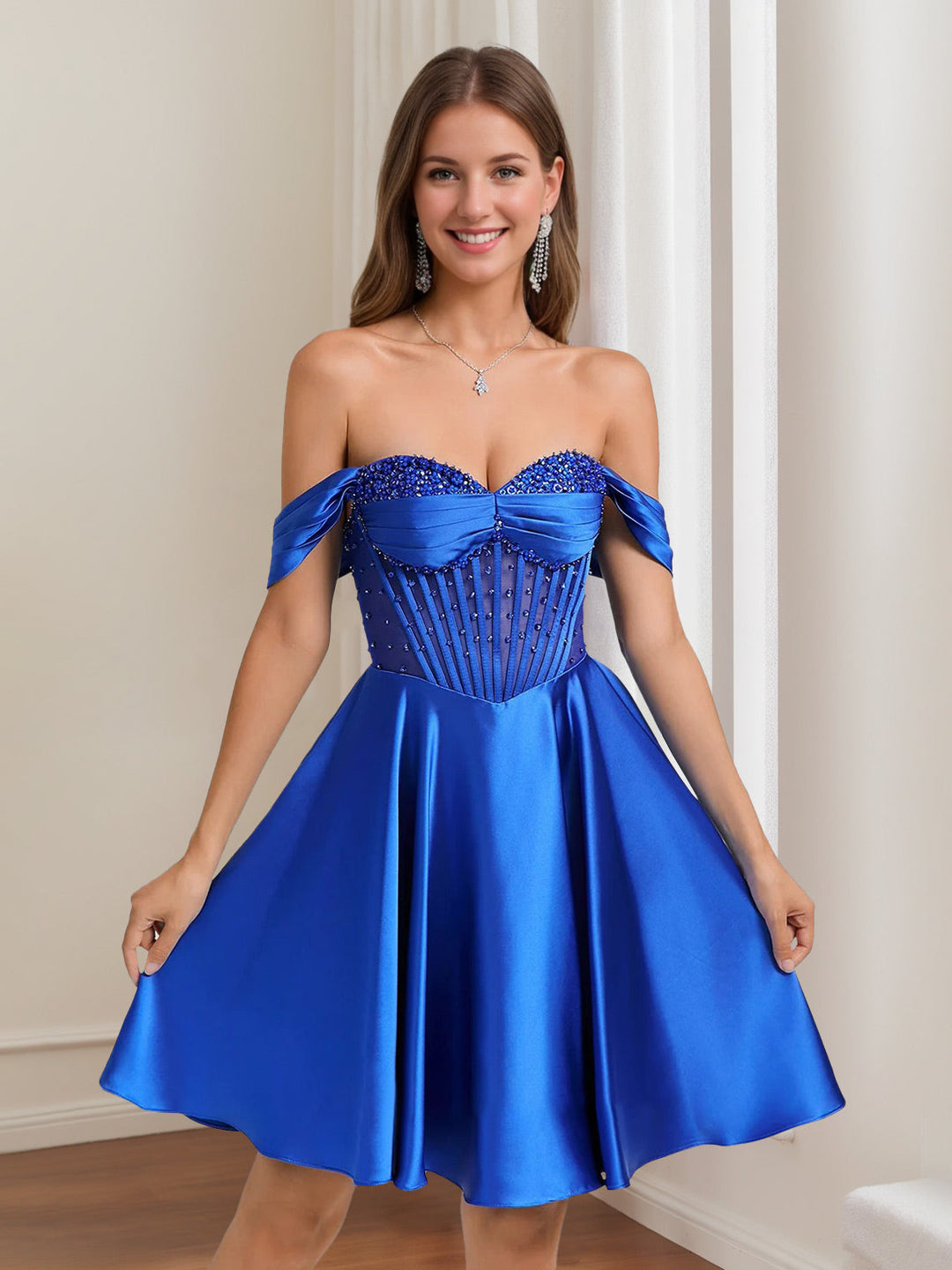 A-Line/Princess Off-The-Shoulder Pleated Short/Mini Homecoming Dresses with Rhinestones & Beads