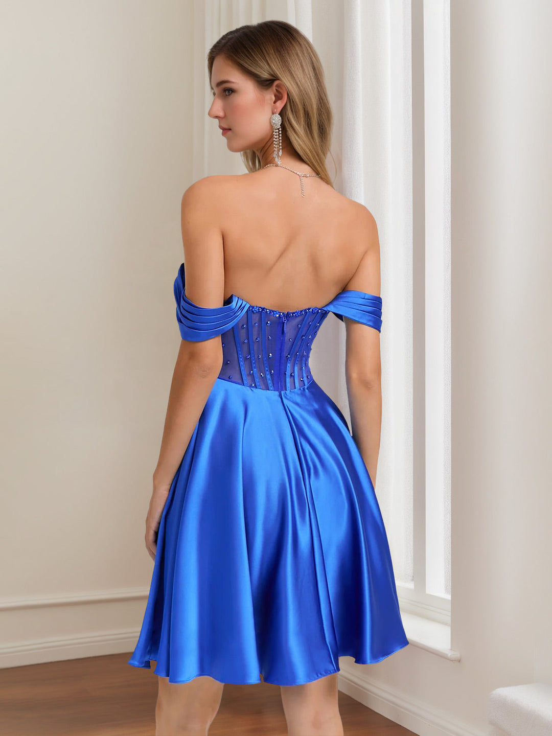 A-Line/Princess Off-The-Shoulder Pleated Short/Mini Homecoming Dresses with Rhinestones & Beads