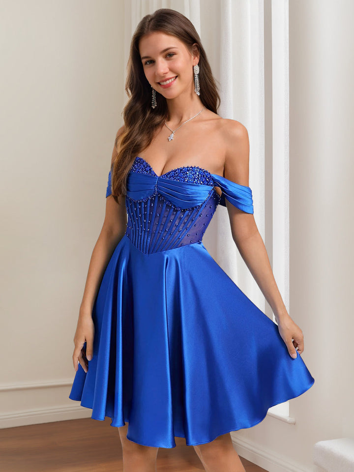 A-Line/Princess Off-The-Shoulder Pleated Short/Mini Homecoming Dresses with Rhinestones & Beads