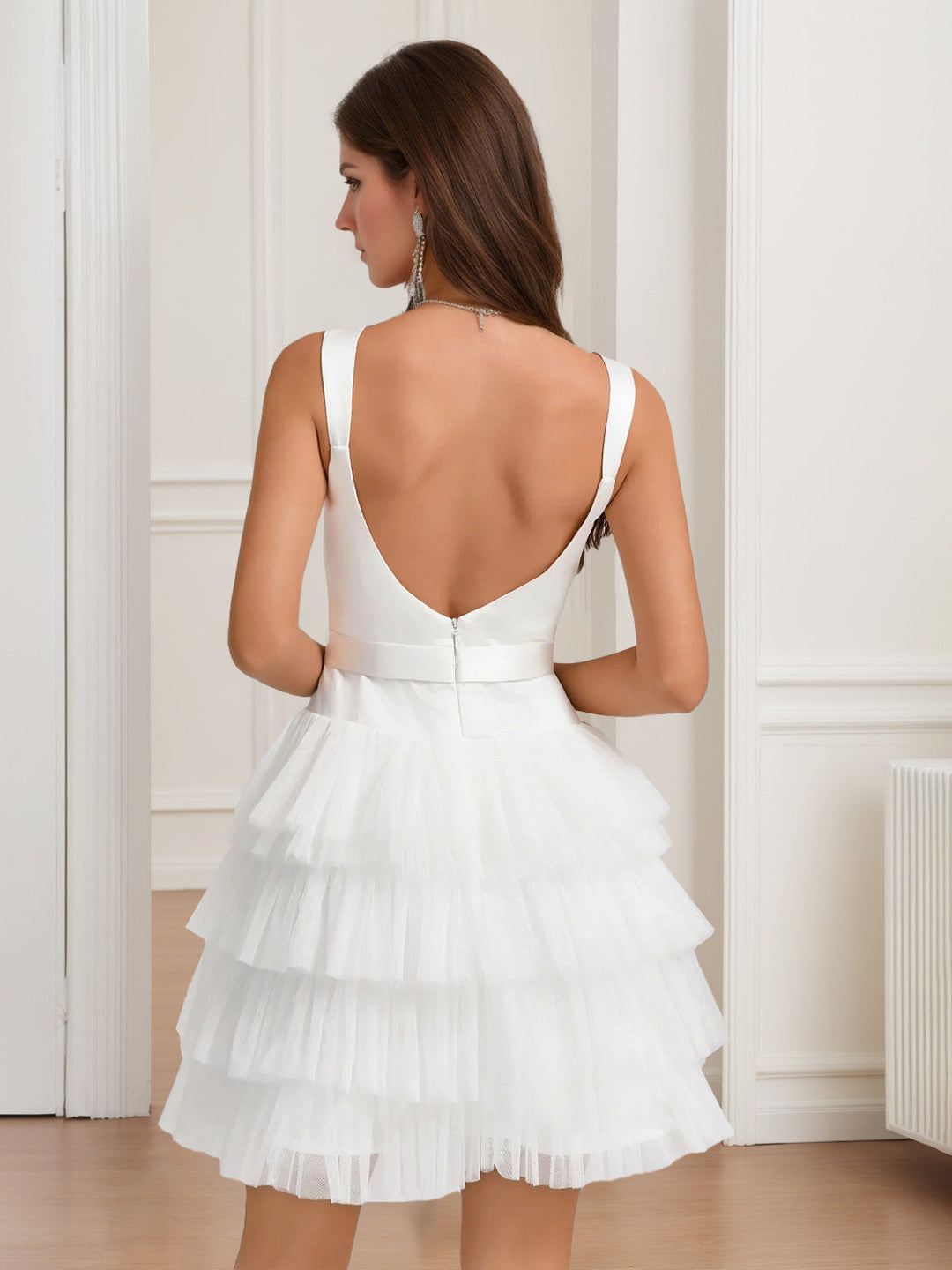 A-Line/Princess Square Neckline Backless Short/Mini Homecoming Dresses with Tiered Tulle & Bow Belt
