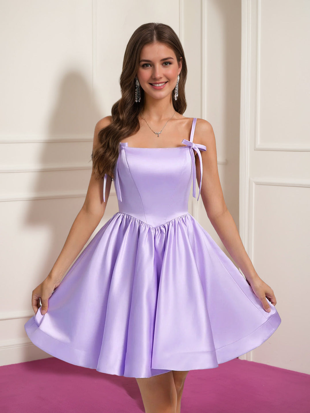 A-Line/Princess Square Neckline Pleated Short/Mini Homecoming Dresses with Bow Straps