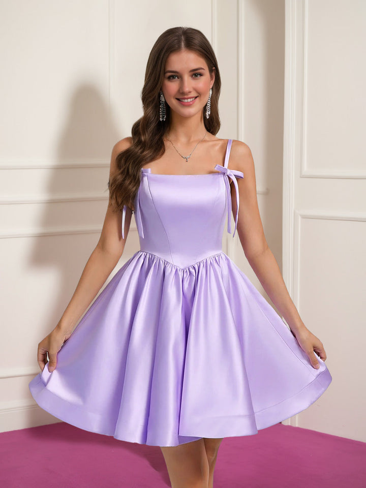 A-Line/Princess Square Neckline Pleated Short/Mini Homecoming Dresses with Bow Straps