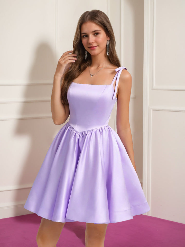 A-Line/Princess Square Neckline Pleated Short/Mini Homecoming Dresses with Bow Straps