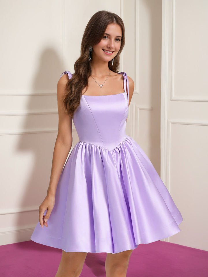 A-Line/Princess Square Neckline Pleated Short/Mini Homecoming Dresses with Bow Straps