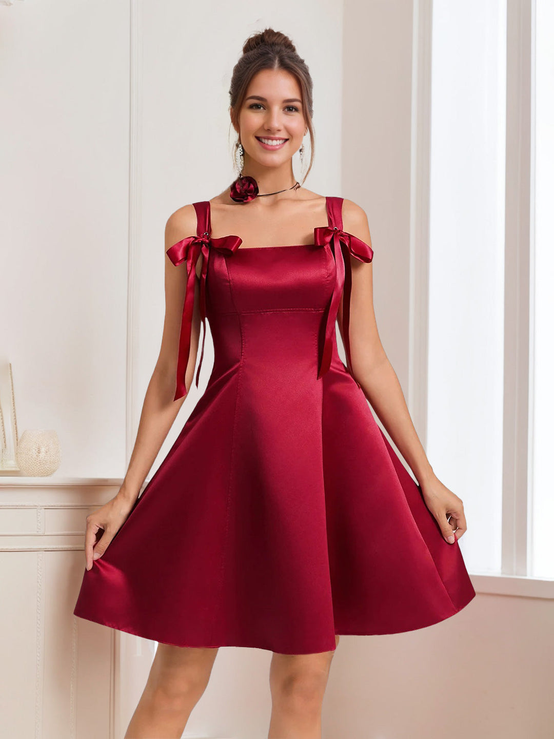 A-Line/Princess Square Neckline Sleeveless Short/Mini Homecoming Dresses with Bows