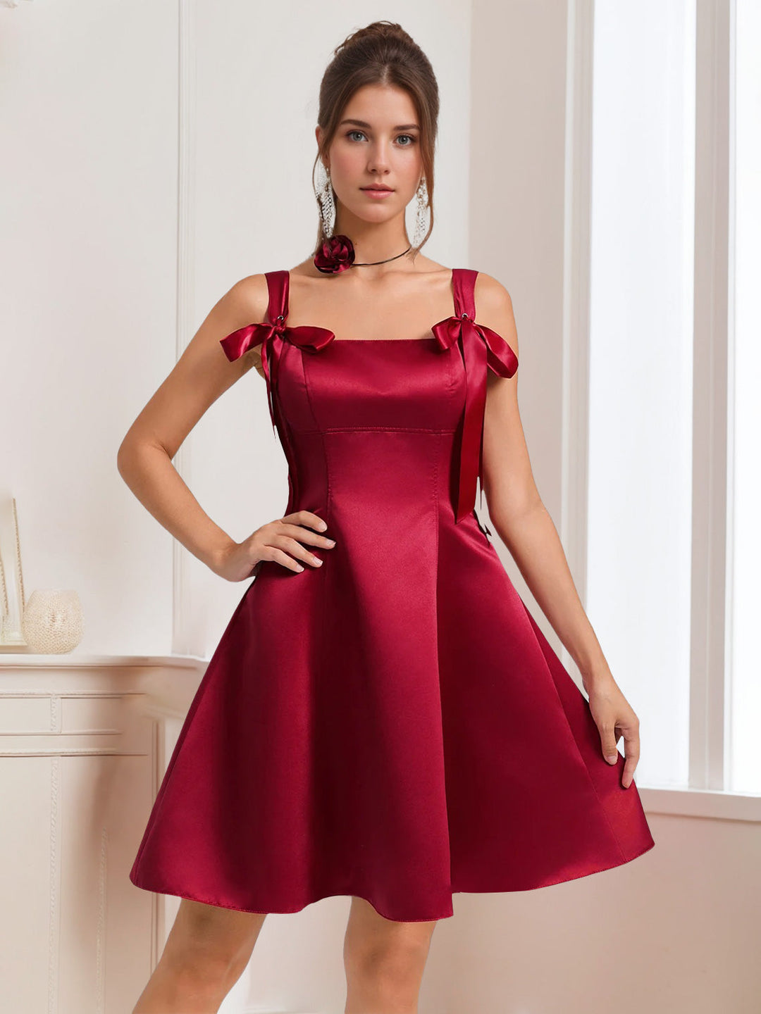A-Line/Princess Square Neckline Sleeveless Short/Mini Homecoming Dresses with Bows