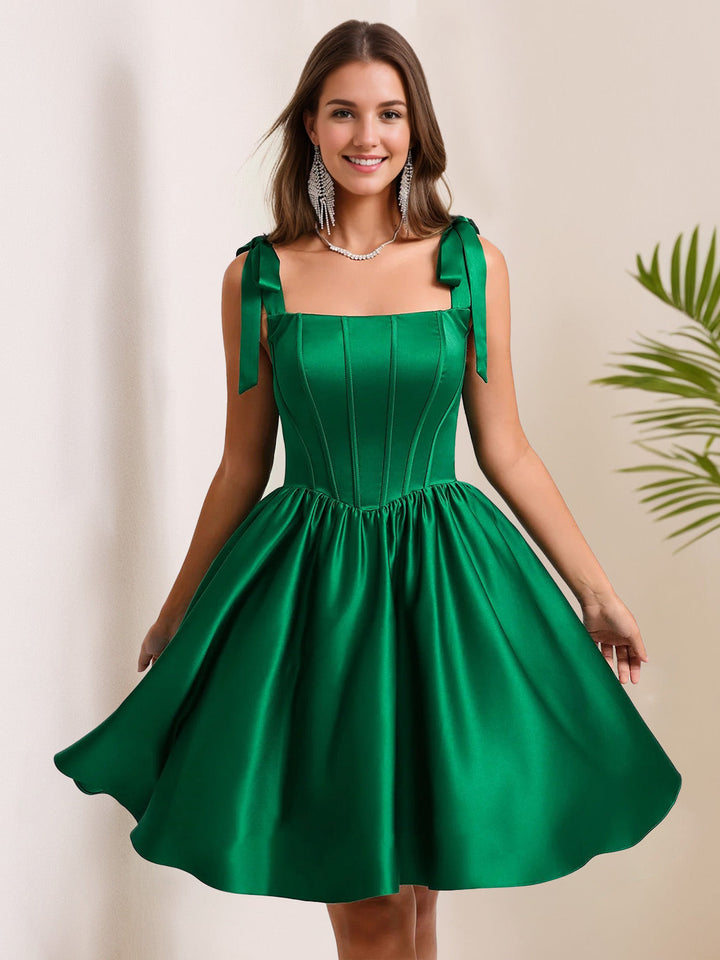 A-Line/Princess Square Neckline Pleated Short/Mini Homecoming Dresses with Shoulder Bow Ties