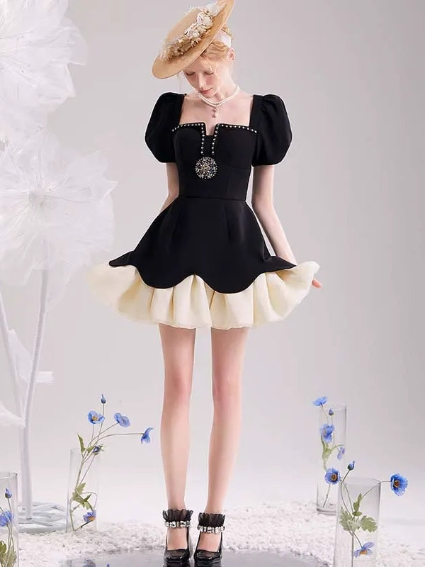 A-Line/Princess Square Neckline Puff Sleeves Mini/Short Pleated Vintage Dresses with Jewel Appliques & Ruffles