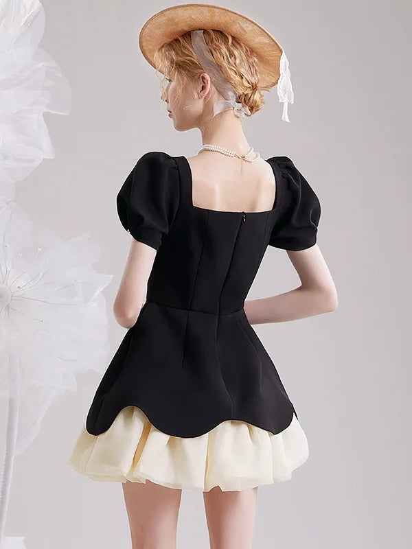 A-Line/Princess Square Neckline Puff Sleeves Mini/Short Pleated Vintage Dresses with Jewel Appliques & Ruffles