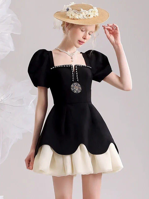 A-Line/Princess Square Neckline Puff Sleeves Mini/Short Pleated Vintage Dresses with Jewel Appliques & Ruffles