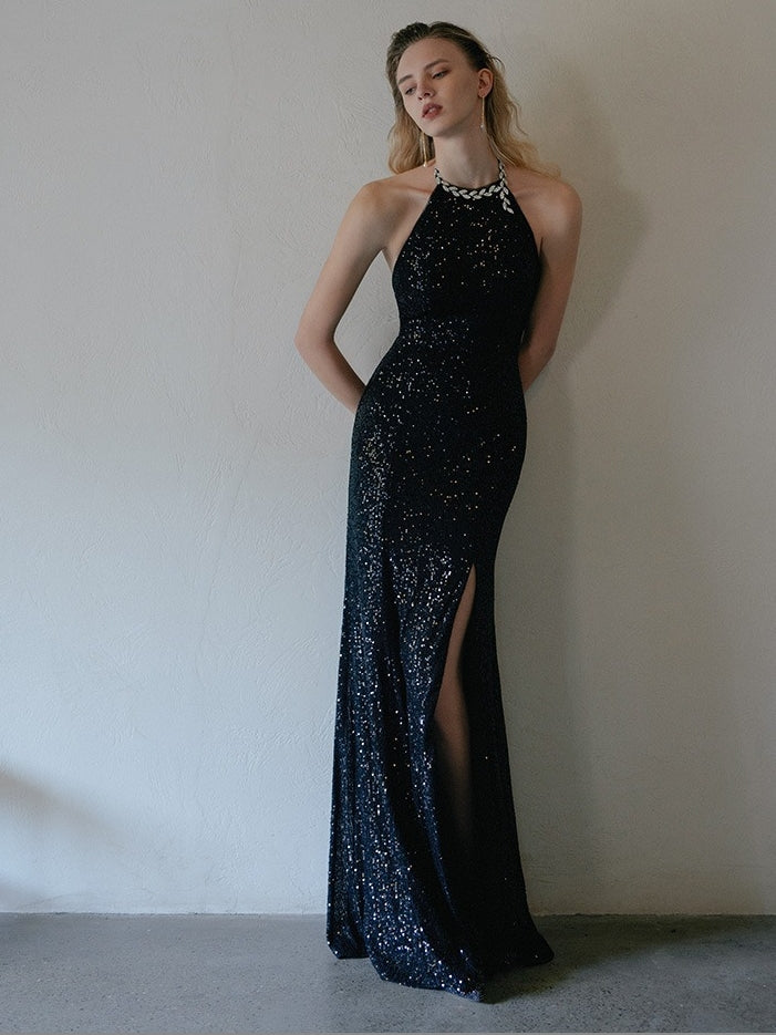 Trumpet/Mermaid Halter Sleeveless Backless Floor-Length Vintage Dresses with Slit & Sequins