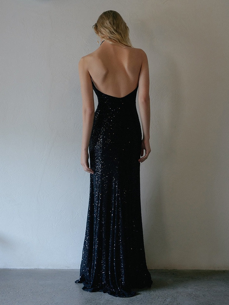 Trumpet/Mermaid Halter Sleeveless Backless Floor-Length Vintage Dresses with Slit & Sequins