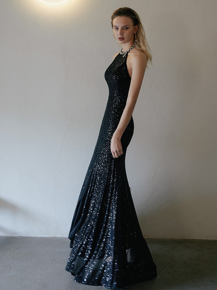 Trumpet/Mermaid Halter Sleeveless Backless Floor-Length Vintage Dresses with Slit & Sequins