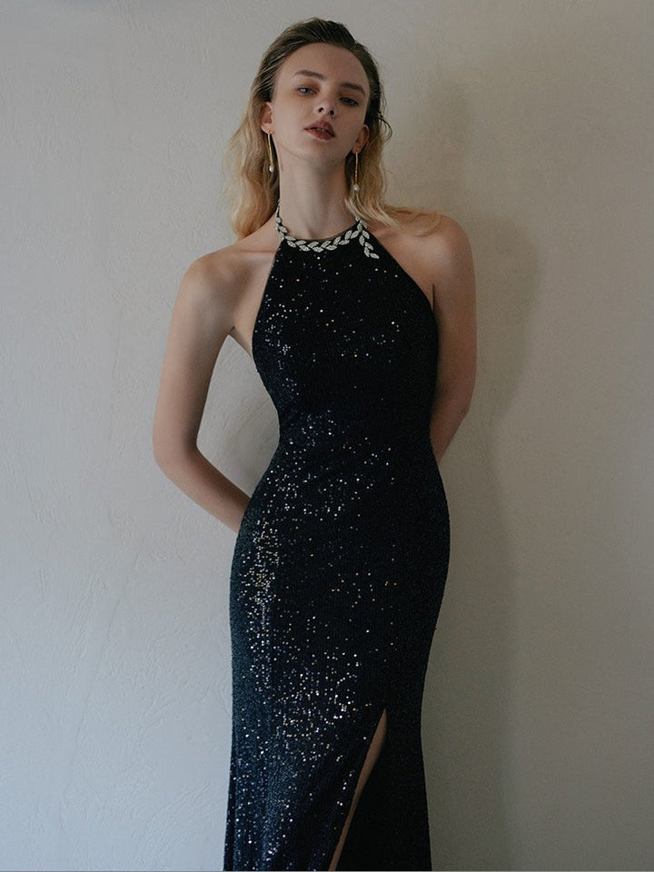 Trumpet/Mermaid Halter Sleeveless Backless Floor-Length Vintage Dresses with Slit & Sequins