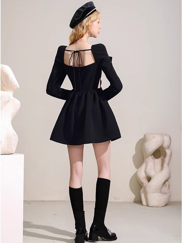 A-Line/Princess Square Neckline Long Sleeves Pleated Mini/Short Vintage Dresses with Jewel Appliques & Self-tie