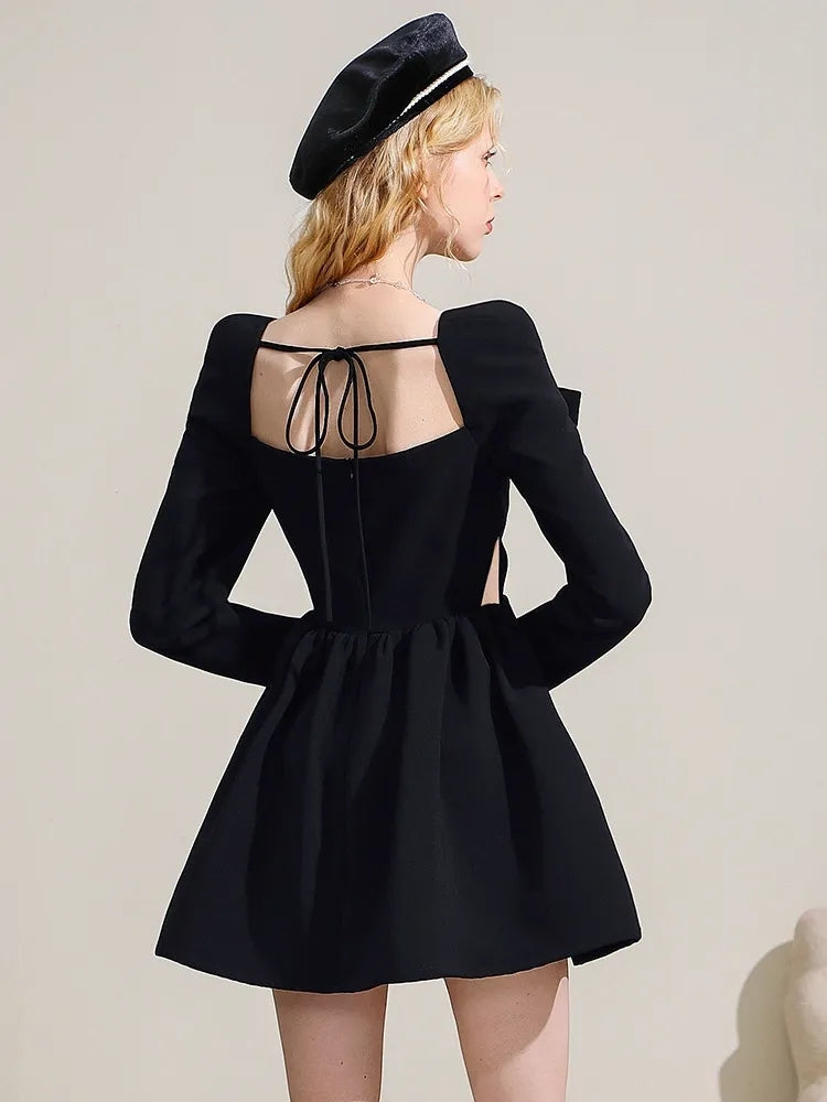 A-Line/Princess Square Neckline Long Sleeves Pleated Mini/Short Vintage Dresses with Jewel Appliques & Self-tie
