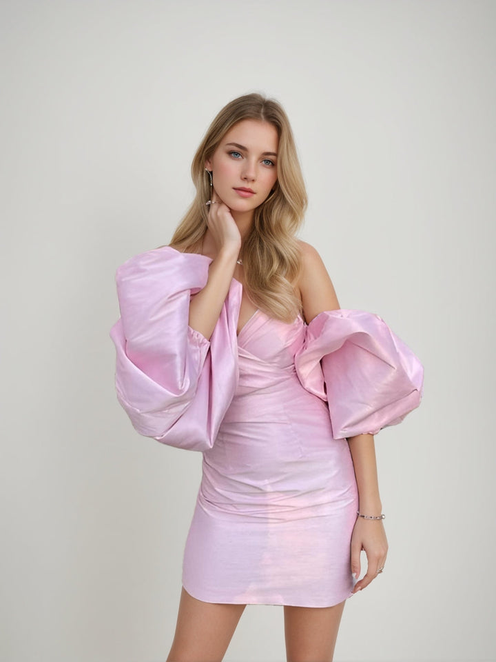 Sheath/Column Sweetheart Puff Sleeves Ruched Short/Mini Homecoming Dresses