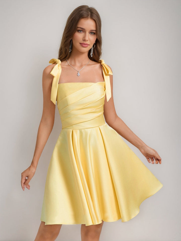 A-Line/Princess Square Pleated Mini Dresses Short Homecoming Dresses with Bow(s)