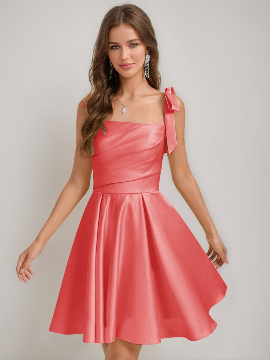 A-Line/Princess Square Pleated Mini Dresses Short Homecoming Dresses with Bow(s)