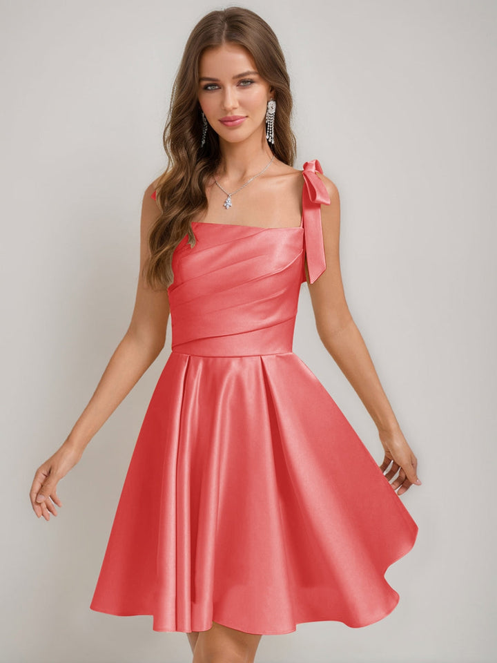A-Line/Princess Square Pleated Mini Dresses Short Homecoming Dresses with Bow(s)