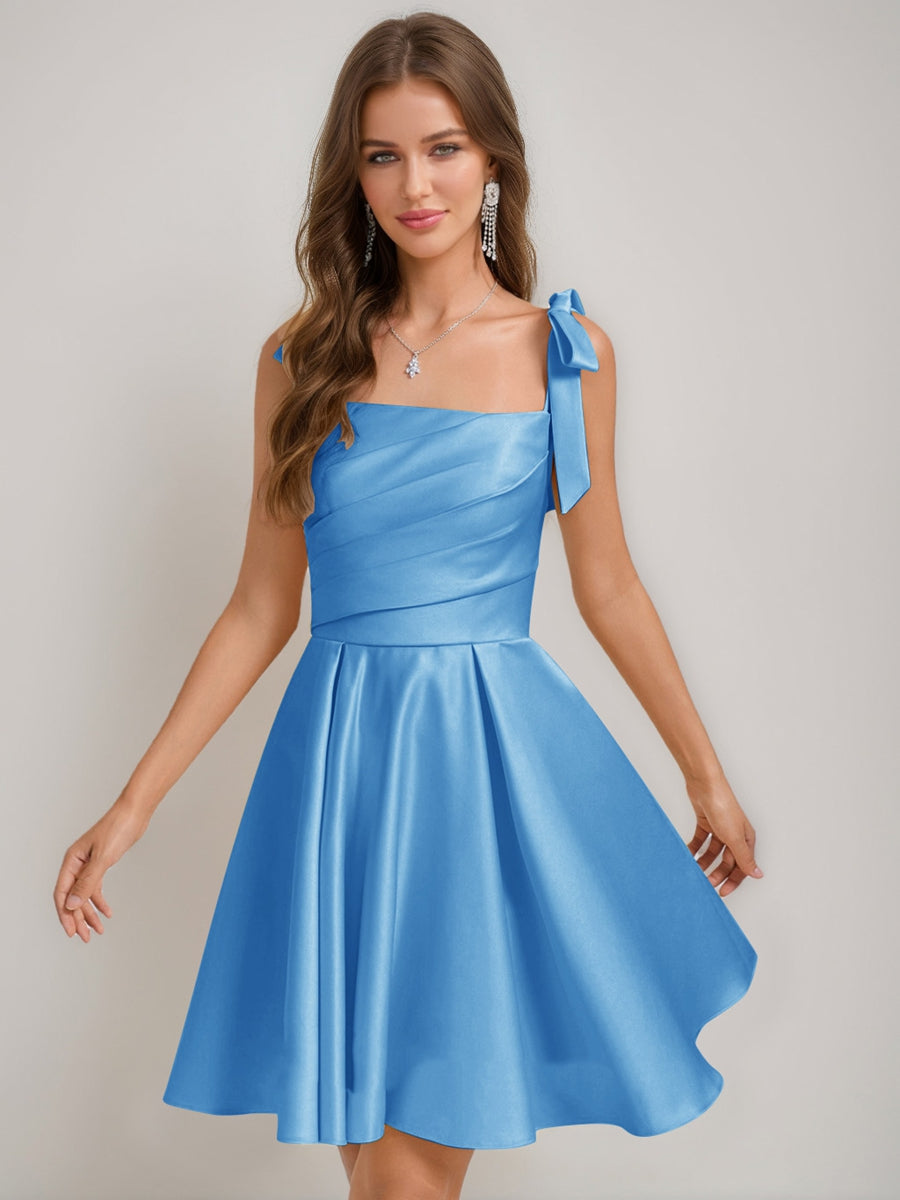 A-Line/Princess Square Pleated Mini Dresses Short Homecoming Dresses with Bow(s)