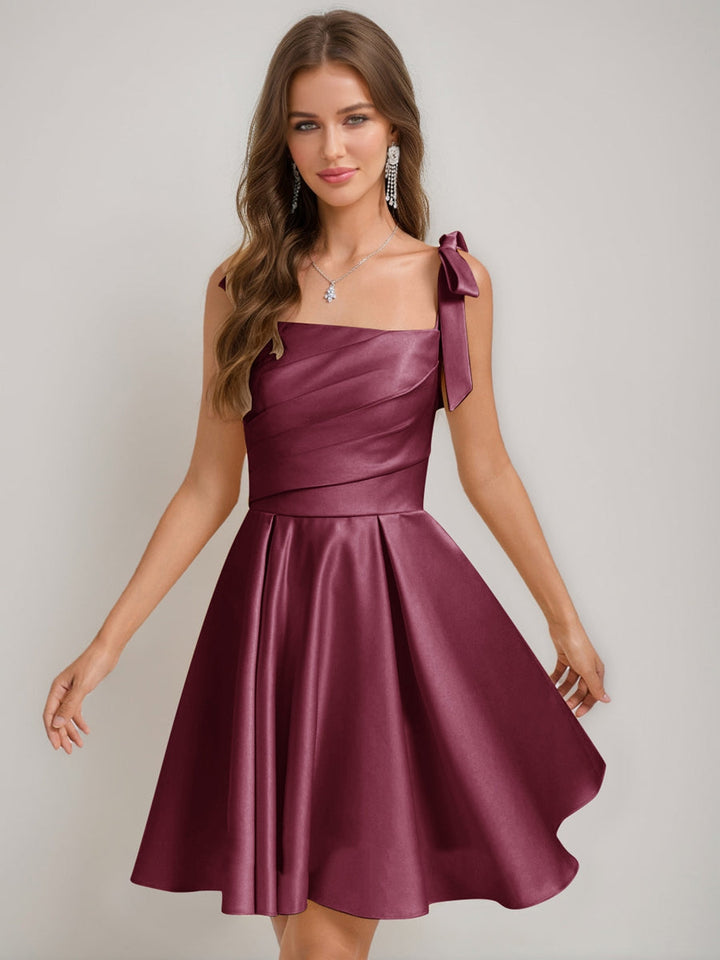 A-Line/Princess Square Pleated Mini Dresses Short Homecoming Dresses with Bow(s)