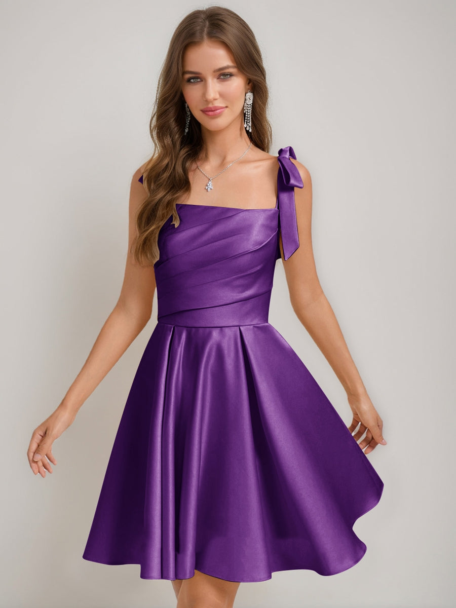 A-Line/Princess Square Pleated Mini Dresses Short Homecoming Dresses with Bow(s)