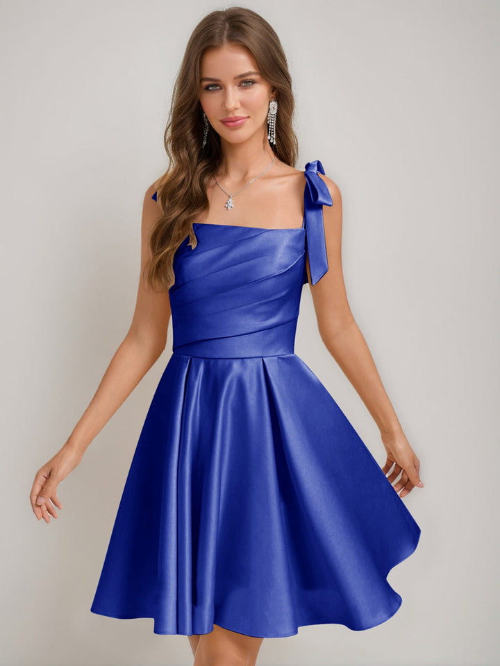 A-Line/Princess Square Pleated Mini Dresses Short Homecoming Dresses with Bow(s)