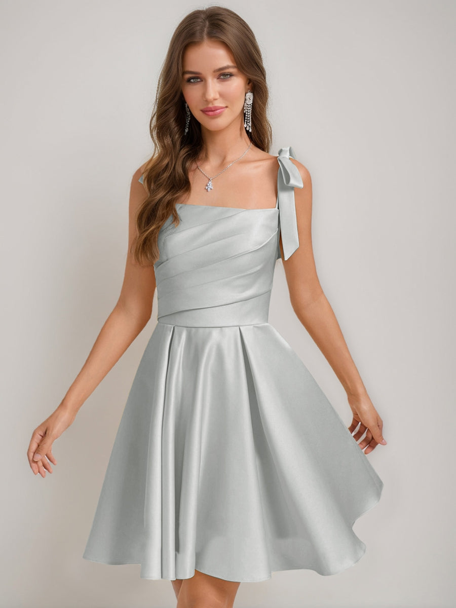 A-Line/Princess Square Pleated Mini Dresses Short Homecoming Dresses with Bow(s)