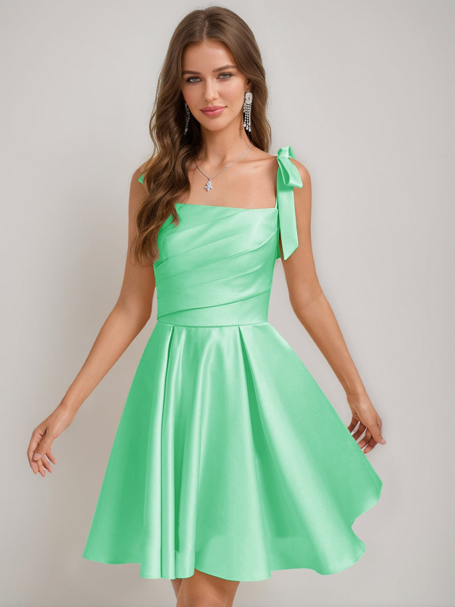 A-Line/Princess Square Pleated Mini Dresses Short Homecoming Dresses with Bow(s)