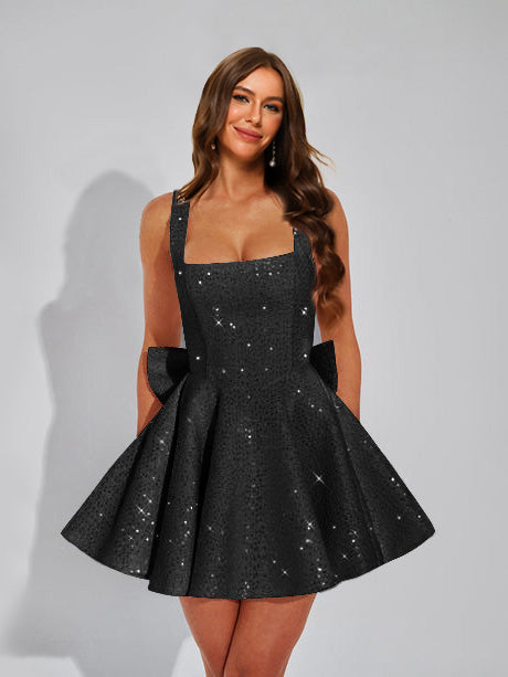 A-Line Square Neck Sequin Short Homecoming Dresses with Bow