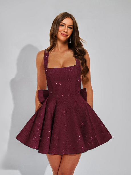 A-Line Square Neck Sequin Short Homecoming Dresses with Bow