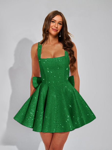 A-Line Square Neck Sequin Short Homecoming Dresses with Bow