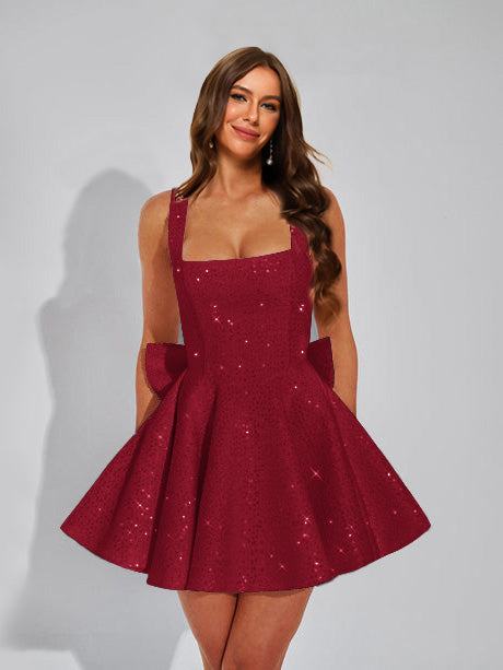 A-Line Square Neck Sequin Short Homecoming Dresses with Bow