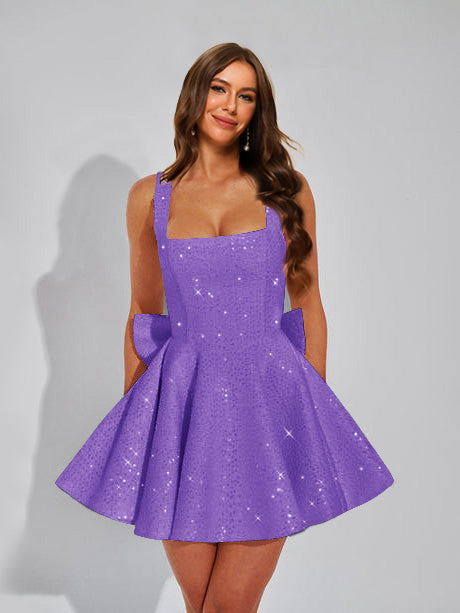 A-Line Square Neck Sequin Short Homecoming Dresses with Bow