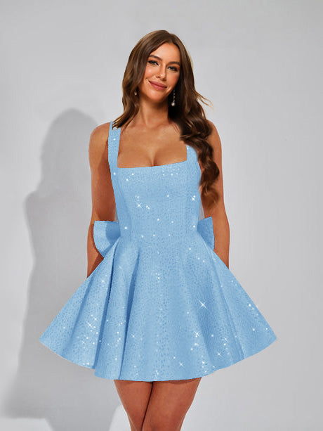 A-Line Square Neck Sequin Short Homecoming Dresses with Bow
